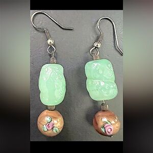 Elegant Vintage Jade and Ceramic Bead Dangle Earrings